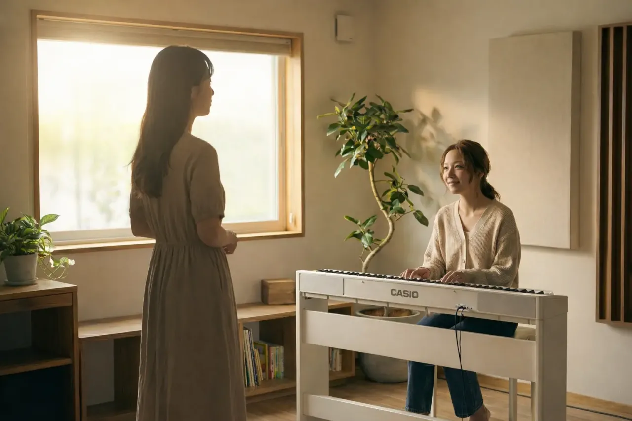 プロの伴奏と電子ピアノ ピアノ伴奏と共に歌う女性 記号なし