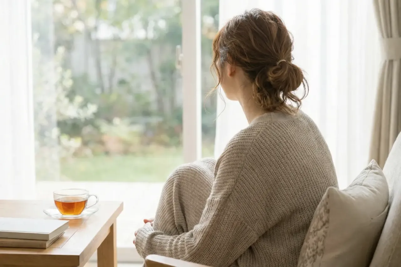 女性がリラックスして遠くを見ているような写真 リラックスして窓を眺める女性 記号なし