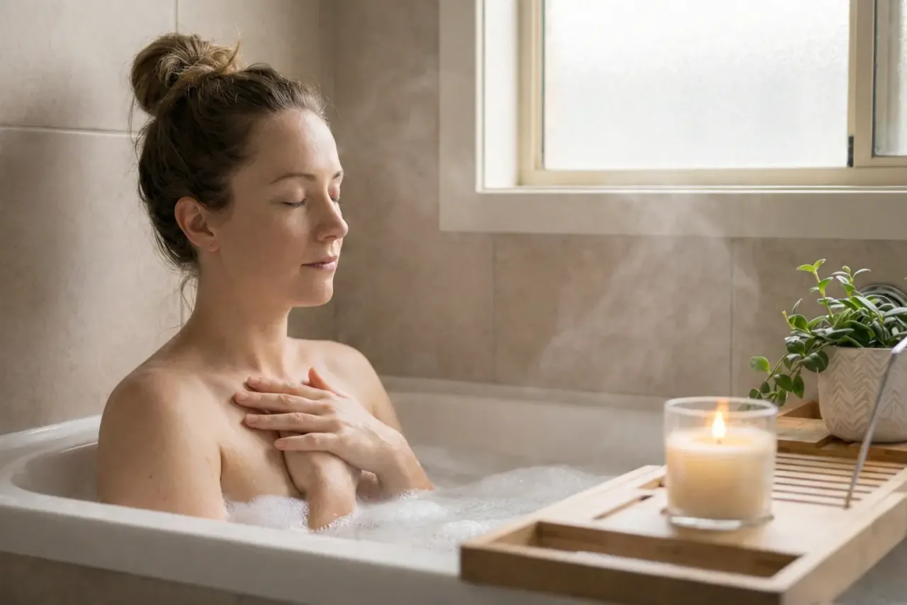 自宅でできるハミング呼吸法 お風呂でリラックスする女性記号なし