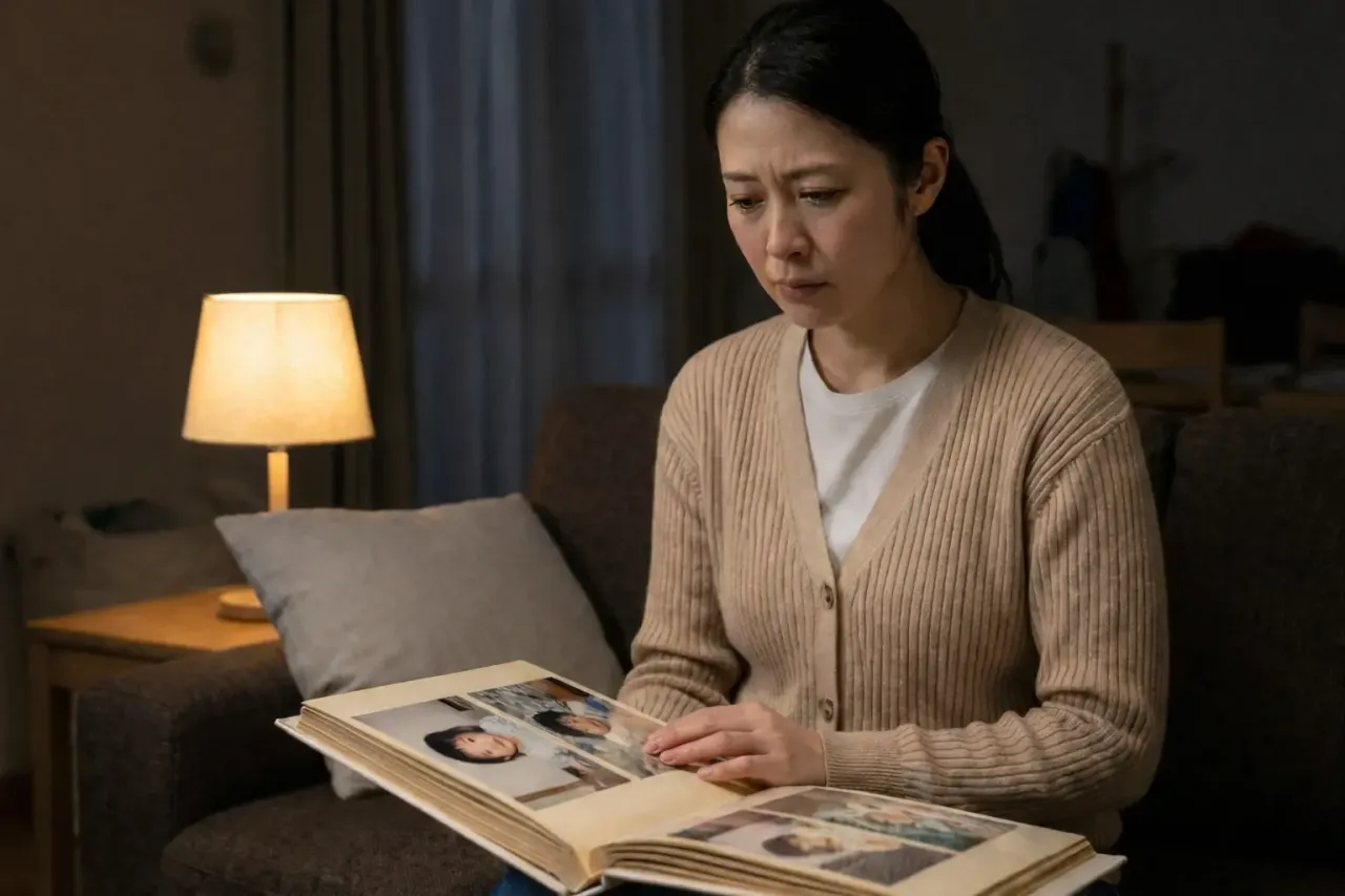 夜間に子どものアルバムを見て自責の念に駆られる母親