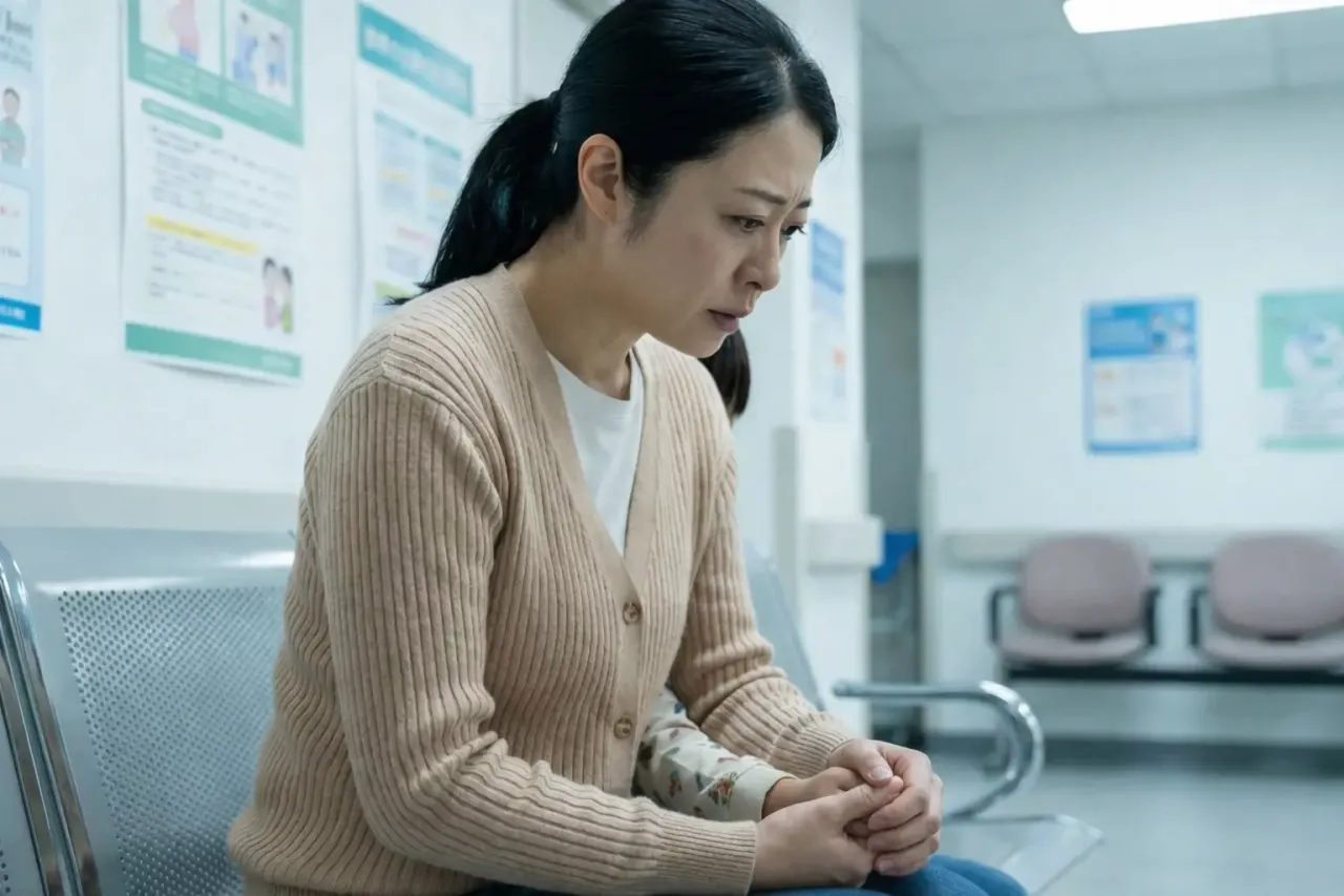 不登校の相談で訪れた病院の待合室で子どもの手を握る親