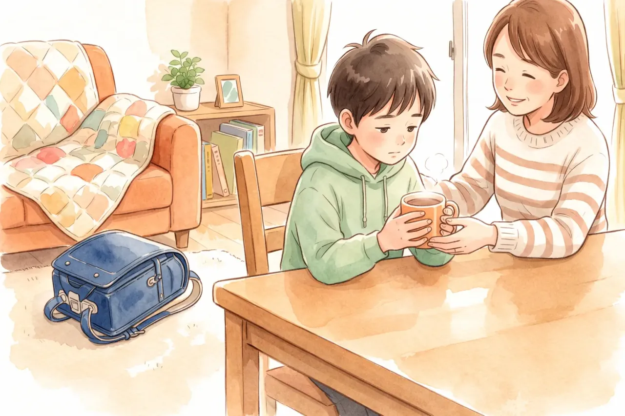 お母さんと男の子がリビングで温かい飲み物を飲んでいるイラスト 小学校高学年の行き渋り・不登校に寄り添う、リビングで温かい飲み物を飲みながらリラックスする親子の水彩画イラスト