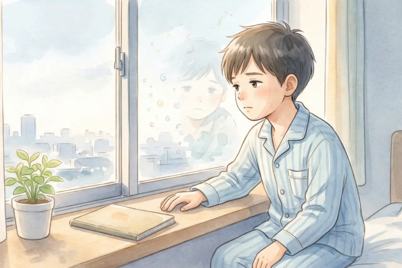 パジャマ姿の男の子が窓の外を見つめているイラスト 行き渋りの原因となる言葉にできない思春期のモヤモヤを抱え、パジャマ姿で窓の外を見つめる高学年の男の子のイラスト