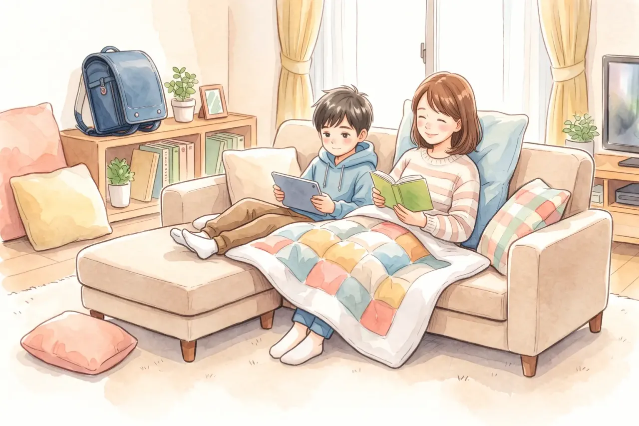 パジャマ姿の男の子が窓の外を見つめているイラスト 行き渋りの原因となる言葉にできない思春期のモヤモヤを抱え、パジャマ姿で窓の外を見つめる高学年の男の子のイラスト