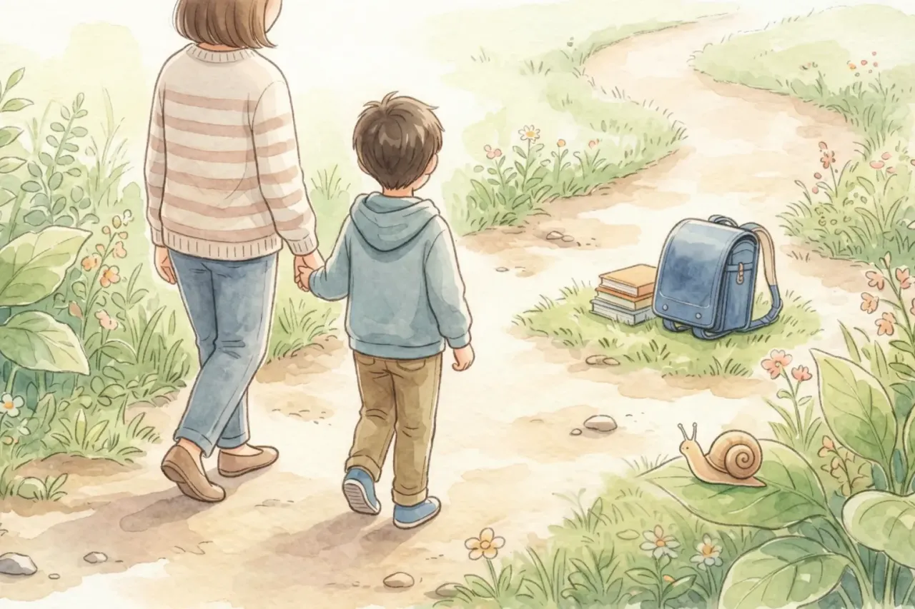 親子が道を歩き、ベンチにランドセルが置いてあるイラスト 不登校の停滞期に焦らず少しずつ前進する様子を表現した、自然の道を自分のペースで歩く親子とベンチに置かれたランドセルのイラスト