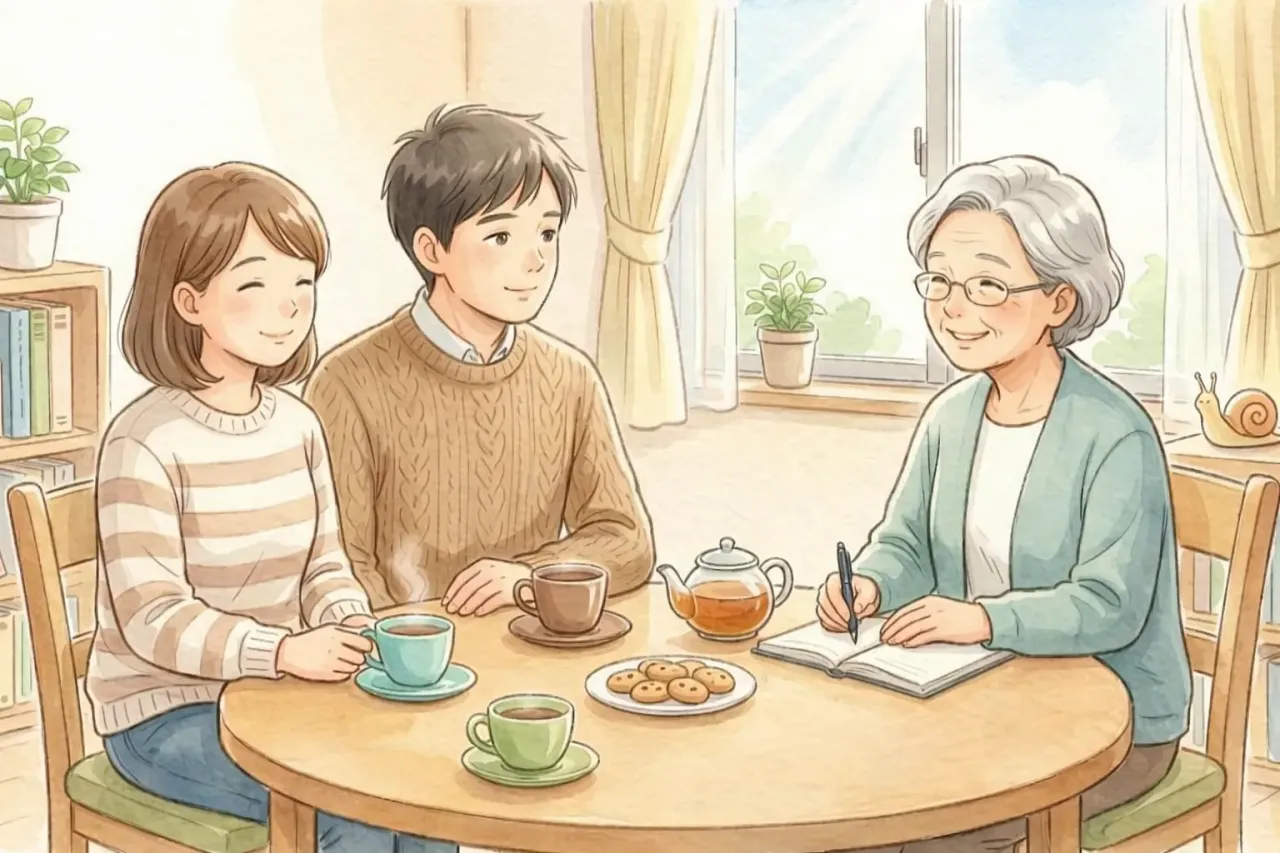 両親がカウンセラー(先生)とテーブルでお茶を飲んでいるイラスト 一人で抱え込まず、学校の先生やスクールカウンセラーなどの専門家と穏やかに不登校の相談をするご両親のイラスト