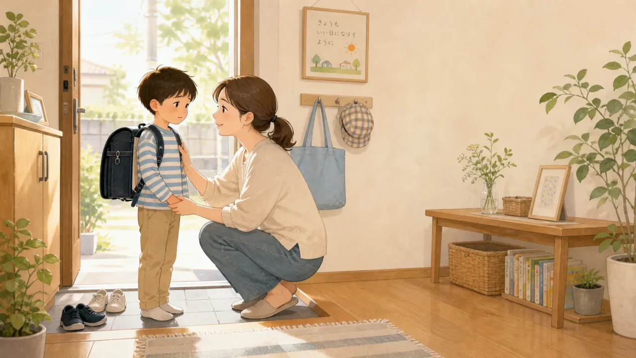 登校前の玄関で不安そうな小学校低学年の子どもに母親が寄り添っているイラスト