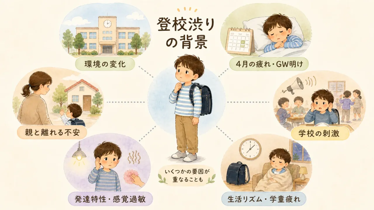 小学校低学年の登校渋りの背景として環境の変化や疲れ、学校の刺激など複数の要因を示した図
