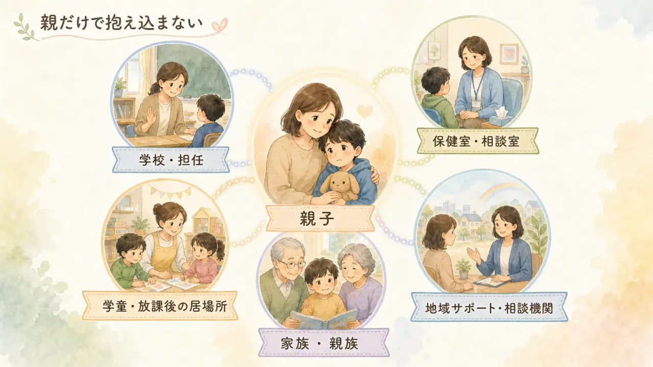登校渋りを親だけで抱え込まず学校や保健室、学童、家族、地域サポートと連携して支える図
