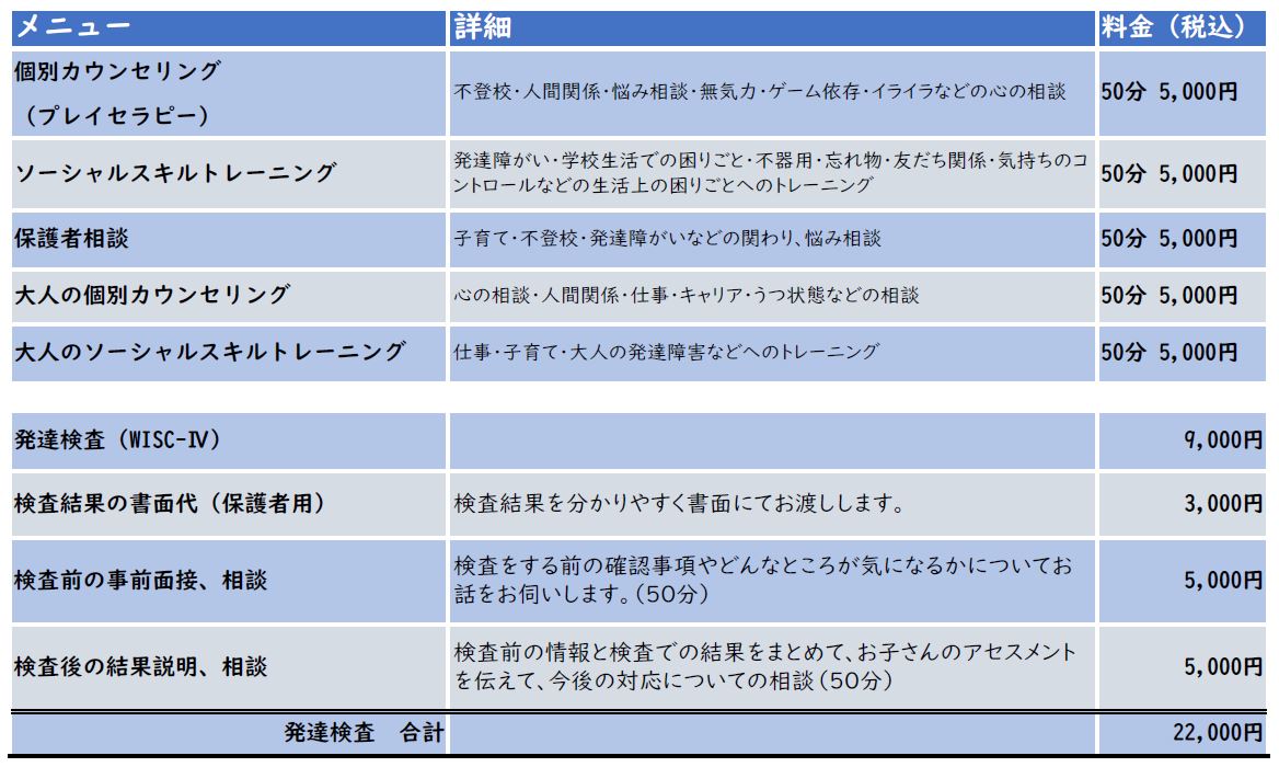 料金表 ここケット 大阪 子どもの心と発達の専門家 発達障害の個別学習支援 ｓｓｔもします